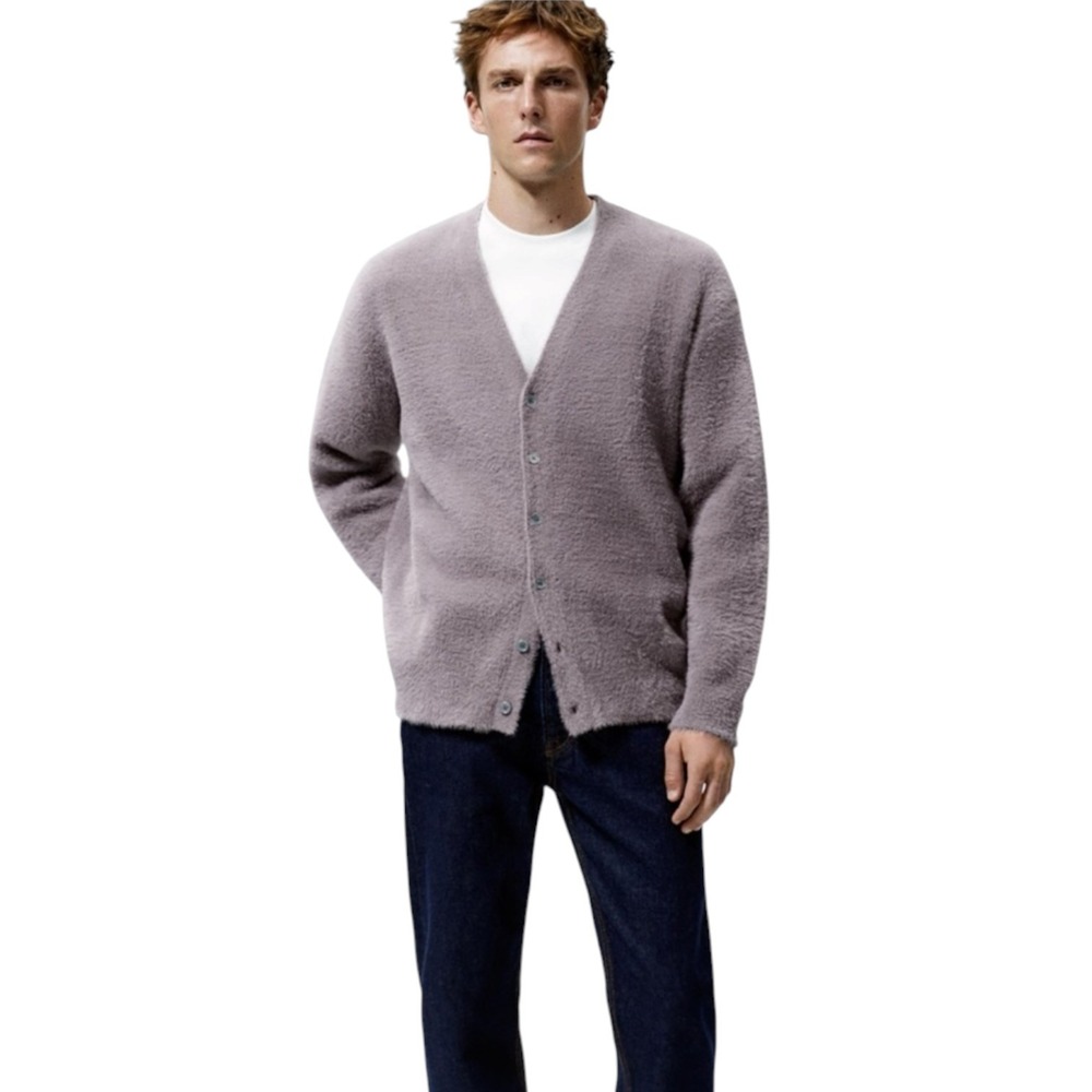 Zara Mens Fuzzy Knit Cardigan Mauve Purple V-Neck Button Front Sweater Size M